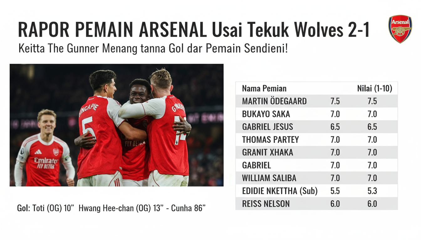 Arsenal meraih kemenangan krusial pada pekan ke-16 Premier League 2025/2026. Menjamu Wolverhampton Wanderers di London Utara, The Gunners menang tipis 2-1 pada Minggu (14/12) dini hari WIB. Meski mengamankan tiga poin, laga ini tidak sepenuhnya berjalan ideal bagi Arsenal. Dua gol kemenangan justru lahir dari gol bunuh diri Sam Johnstone dan Yerson Mosquera, sementara Wolves sempat memberi perlawanan lewat gol Tolu Arokodare. Namun, hasil akhir tetap bernilai sangat penting. Tambahan tiga poin membuat Arsenal semakin kukuh di puncak klasemen dengan koleksi 36 poin. Sebaliknya, Wolverhampton kian terpuruk dan kini harus mendekam di dasar klasemen, dengan tekanan besar menanti di sisa musim. Berikut rapor pemain Arsenal pada duel melawan Wolves: 🧤 Rapor Kiper & Bek David Raya tidak tampil sepenuhnya sempurna. Ia gagal mengantisipasi sundulan Tolu Arokodare, namun relatif aman di sisa pertandingan karena minimnya peluang bersih yang didapat Wolves. Ben White harus mengakhiri laga lebih cepat akibat cedera, yang sempat mengganggu keseimbangan lini belakang. Jurrien Timber dan William Saliba tampil solid dalam menjaga area sentral pertahanan. Sementara itu, Piero Hincapie menunjukkan fleksibilitas tinggi dengan mampu mengisi beberapa posisi berbeda tanpa menurunkan kualitas permainan. David Raya – 6.9 Ben White – 6.6 Jurrien Timber – 7.4 William Saliba – 7.4 Piero Hincapie – 8.0 ⚙️ Rapor Gelandang Martín Zubimendi menjalankan peran penghubung dengan cukup rapi. Ia tenang saat berada di bawah tekanan, meski kontribusinya di area sepertiga akhir lapangan masih kurang agresif untuk laga kandang. Declan Rice kembali menunjukkan peran vital sebagai jangkar. Ia dominan dalam duel dan menjaga intensitas permainan Arsenal tetap tinggi. Sementara itu, Eberechi Eze tampil di bawah ekspektasi, kesulitan menembus blok rendah Wolves dan gagal menciptakan peluang berarti. Martín Zubimendi – 6.8 Declan Rice – 7.3 Eberechi Eze – 6.8 🎯 Rapor Penyerang Bukayo Saka menjadi sumber ancaman utama Arsenal. Kecepatan dan kemampuan duel satu lawan satunya membuat sisi kanan pertahanan Wolves terus tertekan, meski ia tak mencatatkan gol maupun assist. Viktor Gyökeres bekerja keras membuka ruang, namun kerap terisolasi oleh rapatnya pertahanan lawan. Gabriel Martinelli tampil kurang klinis, terutama saat menyia-nyiakan peluang emas di babak pertama yang seharusnya bisa mengunci kemenangan lebih cepat. Bukayo Saka – 8.2 Viktor Gyökeres – 6.5 Gabriel Martinelli – 6.4
