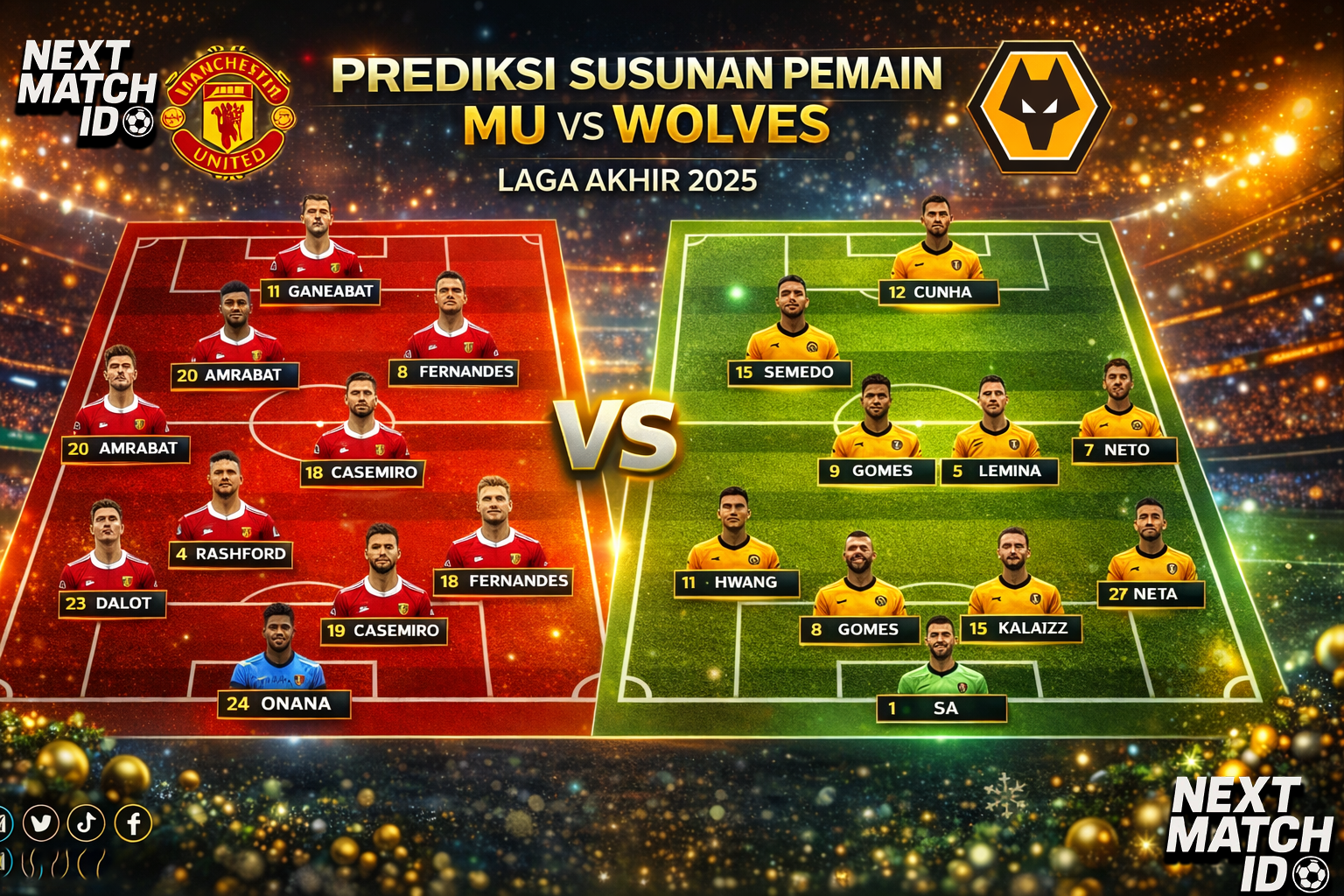 Manchester United kembali berhadapan dengan Wolverhampton Wanderers dalam lanjutan Premier League. Laga ini menjadi pertandingan penutup tahun 2025 bagi kedua tim. Duel Manchester United vs Wolves akan digelar di Old Trafford pada Rabu (31/12/2025) dini hari WIB. Pertemuan ini terjadi hanya beberapa pekan setelah laga terakhir mereka di markas Wolves. Pada pertemuan sebelumnya, Manchester United tampil dominan dan menang telak 4-1. Kemenangan tersebut menjadi salah satu penampilan paling meyakinkan Setan Merah di bawah asuhan Ruben Amorim. Namun, performa Manchester United setelah laga tersebut belum sepenuhnya stabil. Di sisi lain, Wolves justru terus terpuruk dan masih berkutat di dasar klasemen Premier League. Kabar Tim Manchester United Manchester United kembali dihantam badai cedera jelang pertandingan ini. Bruno Fernandes masih harus menepi akibat cedera jaringan lunak dan diperkirakan baru bisa kembali setelah pergantian tahun. Kobbie Mainoo juga belum siap diturunkan. Selain itu, Matthijs de Ligt dan Harry Maguire dipastikan absen, sementara kondisi Mason Mount masih dalam tahap pemantauan dan belum sepenuhnya jelas. Tak hanya cedera, Manchester United juga kehilangan beberapa pemain karena tugas internasional. Noussair Mazraoui, Bryan Mbeumo, dan Amad Diallo tengah memperkuat negaranya masing-masing di ajang Piala Afrika. Kondisi Wolves Jelang Laga Wolverhampton Wanderers datang ke Old Trafford dengan modal yang kurang meyakinkan. Mereka menelan kekalahan beruntun dari Arsenal, Brentford, dan Liverpool dalam beberapa pekan terakhir. Rentetan hasil negatif tersebut membuat Wolves semakin terpuruk di posisi juru kunci klasemen Premier League. Situasi ini menempatkan mereka sebagai salah satu kandidat kuat terdegradasi musim ini. Meski berada dalam tekanan besar, Wolves tetap berupaya bangkit. Laga melawan Manchester United menjadi kesempatan penting untuk memperbaiki kepercayaan diri tim. Prediksi Susunan Pemain Manchester United vs Wolves Ruben Amorim diperkirakan tetap mengandalkan formasi 3-4-2-1 pada laga ini. Manchester United akan menyesuaikan susunan pemain dengan keterbatasan skuad yang ada. Di lini tengah, Casemiro dan Manuel Ugarte diprediksi menjadi tumpuan utama untuk menjaga keseimbangan permainan. Kombinasi ini diharapkan mampu mengontrol tempo dan menahan serangan Wolves. Manchester United diperkirakan menurunkan susunan pemain sebagai berikut: Lammens; Martinez, Heaven, Shaw; Dalot, Casemiro, Ugarte, Dorgu; Cunha, Mount; Sesko. Dengan komposisi tersebut, Setan Merah diharapkan mampu mengamankan poin penuh di kandang dan menutup tahun 2025 dengan hasil positif.