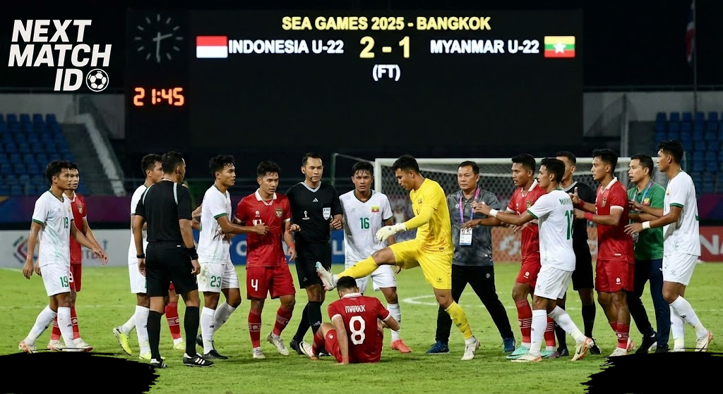 Insiden tak terpuji mewarnai pertandingan sepak bola putra SEA Games 2025 antara Timnas Indonesia U-22 dan Timnas Myanmar U-22, Jumat (13/12/2025). Laga yang berlangsung di 700th Anniversary Stadium, Chiang Mai, Thailand, itu berjalan dalam tensi tinggi. Skuad Merah Putih tampil ngotot karena membutuhkan kemenangan besar demi menjaga peluang lolos ke semifinal. Peluit Panjang Picu Keributan Intensitas pertandingan meningkat tajam menjelang laga berakhir. Puncaknya terjadi saat wasit meniup peluit panjang setelah bola keluar lapangan, menandai berakhirnya pertandingan. Keputusan tersebut memicu protes keras dari sejumlah pemain Indonesia. Ivar Jenner dan Zanadin Fariz diganjar kartu kuning akibat aksi protes. Situasi kian memanas ketika Zanadin harus menerima kartu merah, lantaran sebelumnya sudah mengoleksi satu kartu kuning. Kiper Myanmar Tendang Dion Markx Setelah kartu merah dikeluarkan, beberapa pemain Timnas Indonesia U-22 kembali mendekati wasit untuk mempertanyakan keputusannya. Protes juga datang dari pemain pengganti yang mengenakan rompi biru muda dan sempat merangsek masuk ke lapangan dari area bangku cadangan. Dalam situasi tersebut, bek Timnas Indonesia U-22 Kadek Arel terlihat berlari menuju tengah lapangan. Ia berupaya menarik Dion Markx, yang sedang terlibat adu mulut dengan pemain Myanmar. Meski sempat dilerai, Dion kembali terlibat friksi dengan penjaga gawang lawan. Aksi saling dorong pun tak terhindarkan hingga akhirnya kiper cadangan Myanmar U-22 melayangkan tendangan ke arah Dion Markx. Aksi tersebut menjadi pemicu utama kericuhan besar di tengah lapangan. Sejumlah pemain dari kedua tim langsung berusaha melerai agar situasi tidak semakin meluas. Indra Sjafri dan Sumardji Turun Tangan Para pemain Indonesia dan Myanmar tampak berupaya menenangkan keadaan. Dion Markx ditarik dan diredam oleh rekan-rekannya, sementara kiper Myanmar U-22 Khant Min Thant yang terlihat emosional juga segera dilerai oleh sesama pemain. Tak hanya pemain, jajaran ofisial dan tim pelatih dari kedua kubu turut turun ke lapangan. Pelatih Timnas Indonesia U-22 Indra Sjafri, bersama para asistennya seperti Bima Sakti dan Zulkifli Syukur, serta manajer tim Sumardji, terlihat aktif menenangkan situasi. Situasi Berhasil Dikendalikan Beruntung, kericuhan dan adu fisik tersebut tidak berkembang lebih jauh. Ofisial kedua tim meminta para pemain untuk segera meninggalkan lapangan dan kembali ke bangku cadangan masing-masing. Pertandingan pun akhirnya benar-benar berakhir tanpa insiden lanjutan, meski meninggalkan catatan kelam akibat kericuhan usai peluit panjang.
